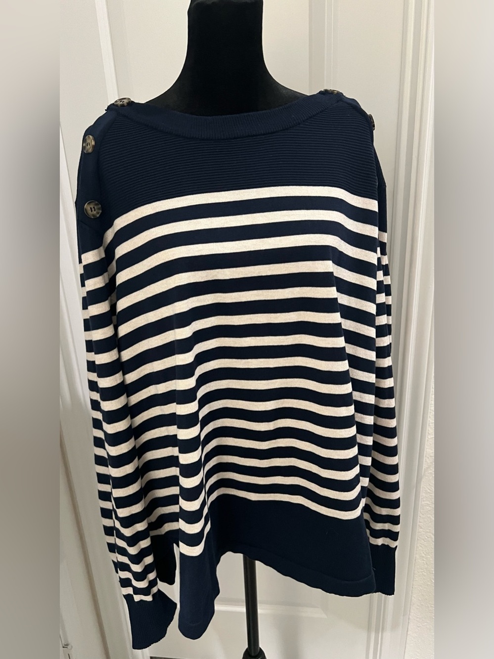 Liz Claiborne Navy and White Striped Button-Shoulder Sweater